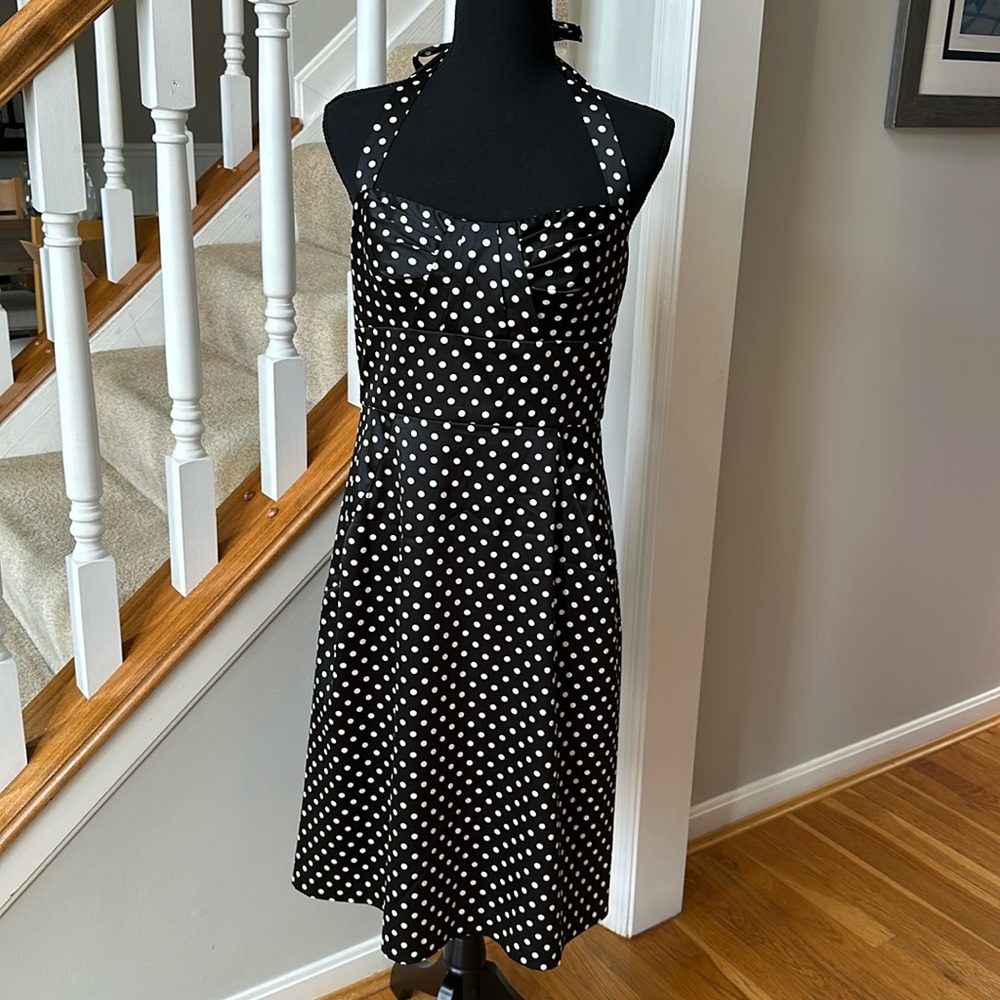 Donna Ricco Black with white polka dot satin halter dress. size 10.